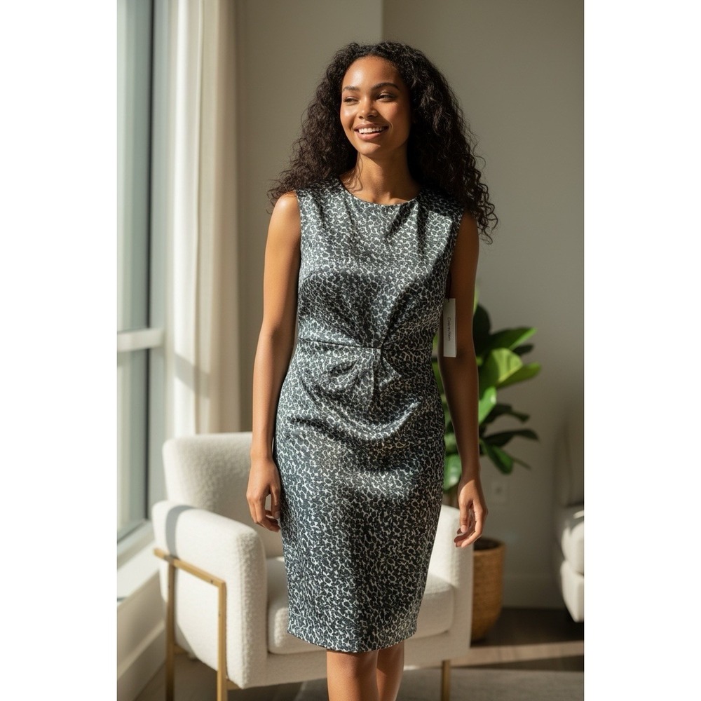 Calvin Klein‎ Leopard Print Sheath Dress Twist Front Size 14 NWT